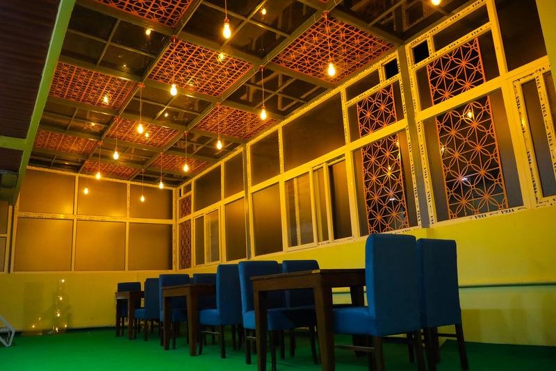 The banquet hall set for a conference